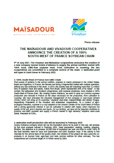 THE MAÏSADOUR AND VIVADOUR COOPERATIVES ANNOUNCE THE CREATION OF A 100% SOUTH-WEST OF FRANCE SOYBEAN CHAIN