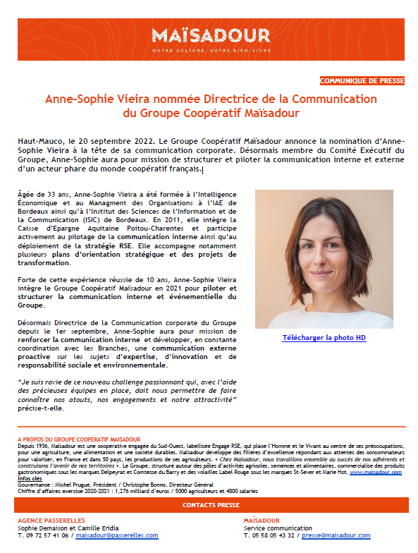Anne-Sophie Vieira nommée Directrice de la Communication du Groupe Coopératif Maïsadour
