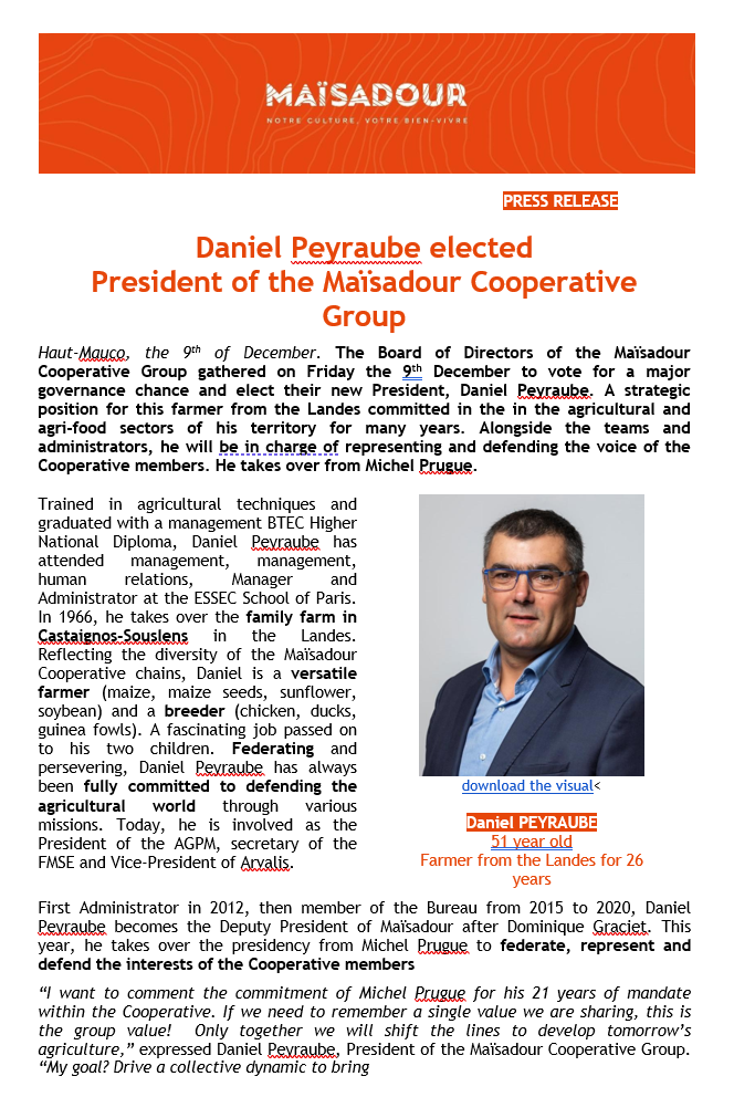 Daniel Peyraube élu  Président du Groupe coopératif Maïsadour