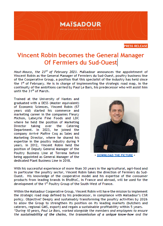 Vincent Robin becomes the General Manager Of Fermiers du Sud-Ouest