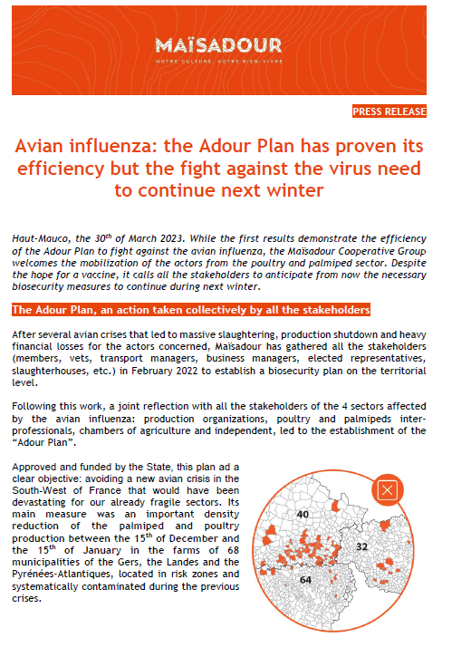 Avian influenza: the Adour Plan has proven its efficiency but the fight against the virus need to continue next winter