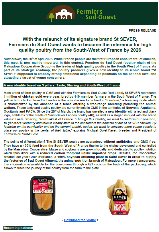 With the relaunch of its signature brand St SEVER, Fermiers du Sud-Ouest wants to become the reference for high quality poultry from the South-West of France by 2026