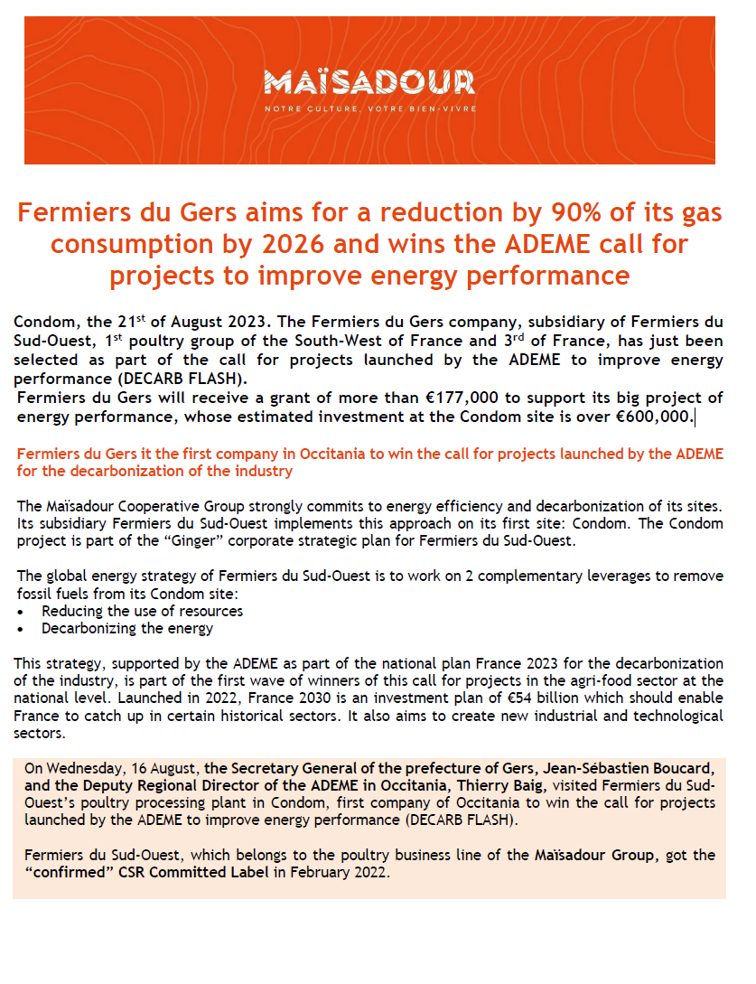 Fermiers du Gers vise une réduction de 90% de sa consommation de gaz à horizon 2026 et remporte l’appel à projets de l’ADEME pour l’amélioration de la performance énergétique