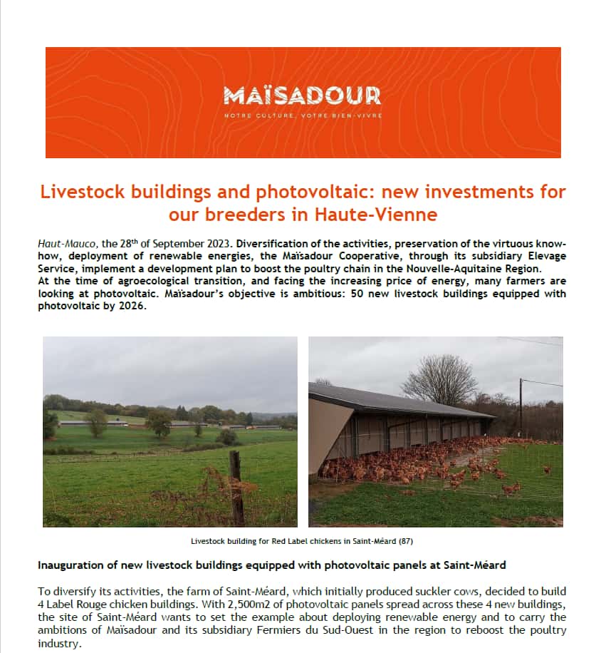 Livestock buildings and photovoltaic: new investments for our breeders in Haute-Vienne