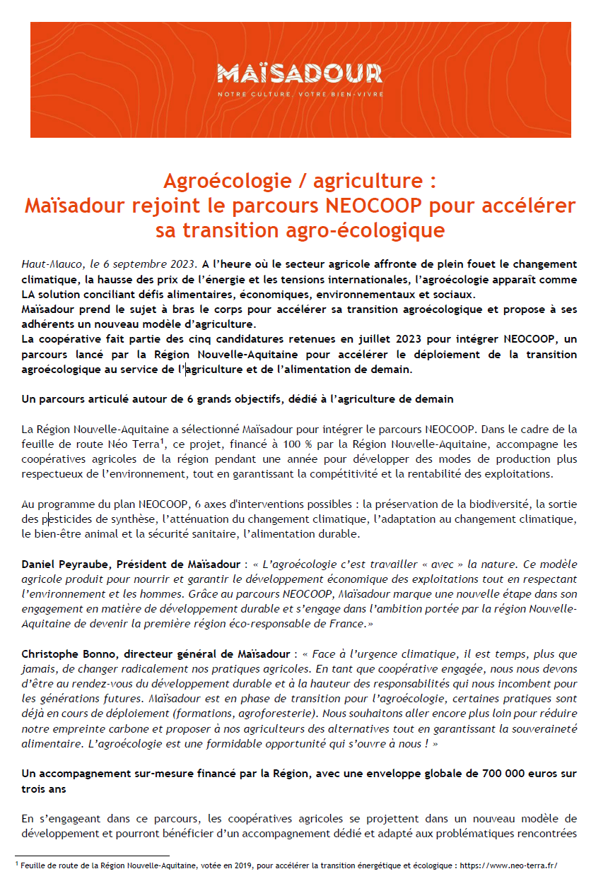 Agroécologie / agriculture : Maïsadour rejoint le parcours NEOCOOP pour accélérer sa transition agro-écologique