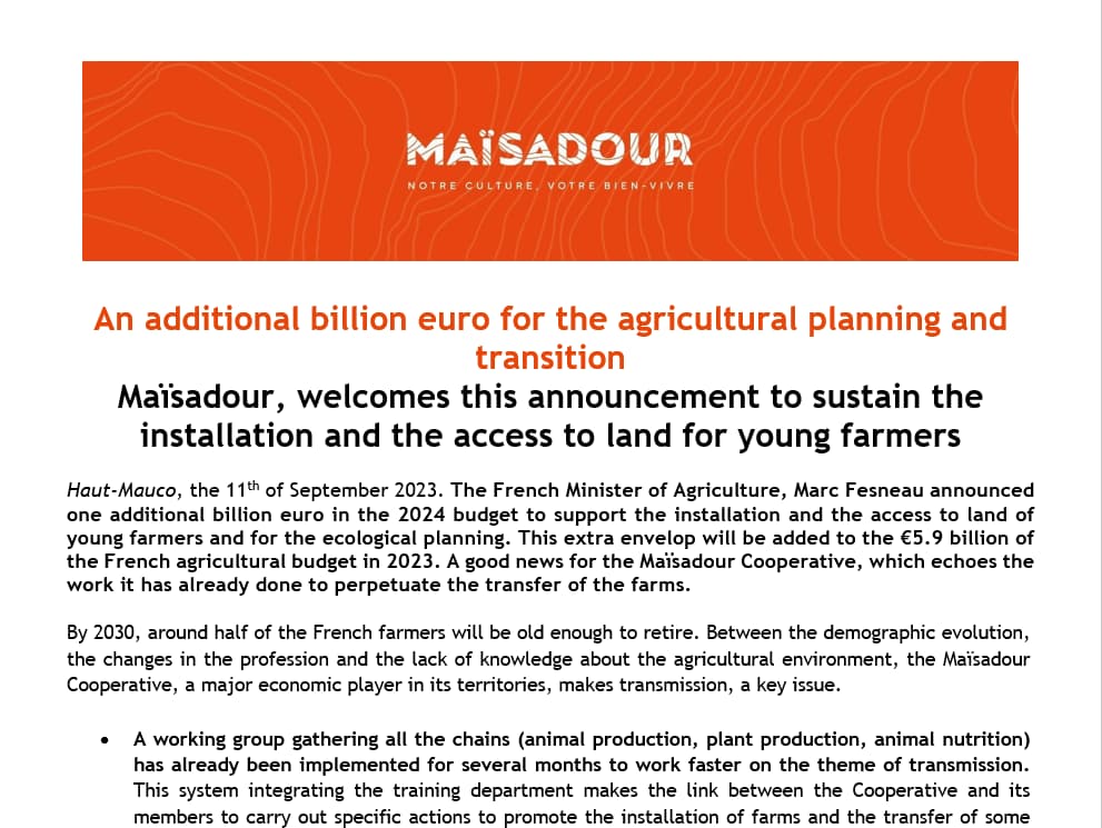 1 milliard d’euros supplémentaire pour la planification et la  transition de l’agriculture