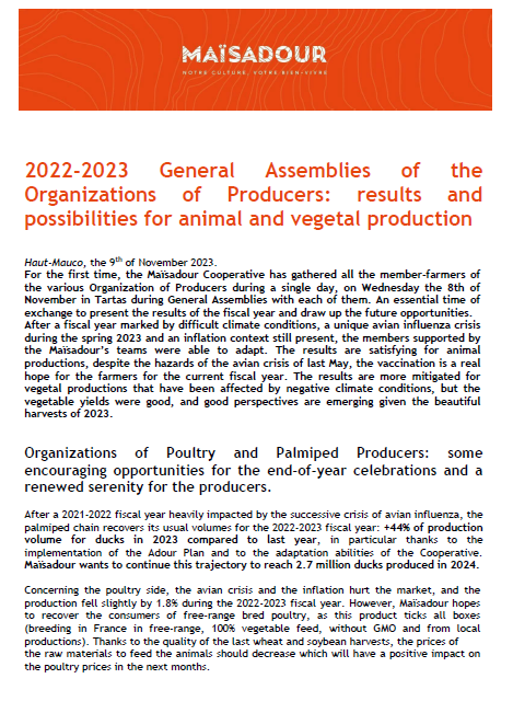 2022-2023 General Assemblies of the Organizations of Producers: results and possibilities for animal and vegetal production