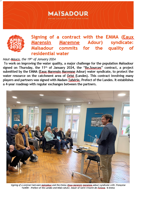 Signing of a contract with the EMMA (Eaux Marensin Maremne Adour) syndicate: Maïsadour commits for the quality of residential water