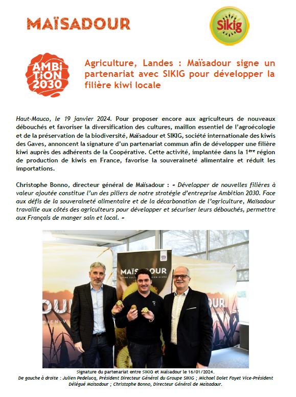 Agriculture, Landes : Maïsadour signe un partenariat avec SIKIG pour développer la filière kiwi locale