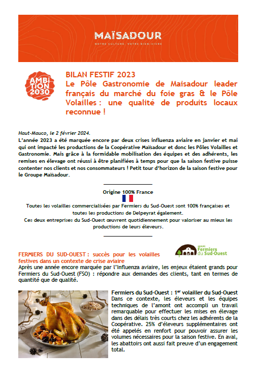 BILAN FESTIF 2023 Le Pôle Gastronomie de Maïsadour leader français du marché du foie gras & le Pôle Volailles : une qualité de produits locaux reconnue !