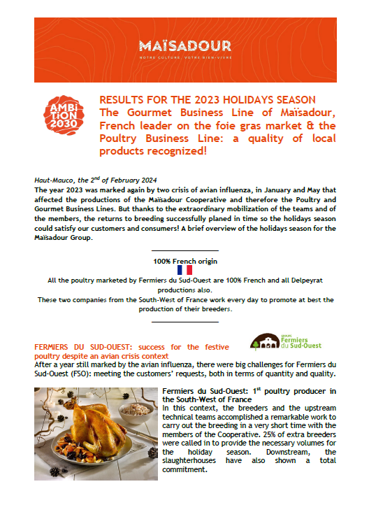 RESULTS FOR THE 2023 HOLIDAYS SEASON The Gourmet Business Line of Maïsadour, French leader on the foie gras market & the Poultry Business Line: a quality of local products recognized!
