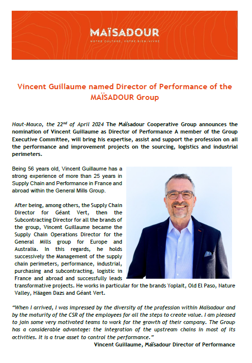 Vincent Guillaume named Director of Performance of the MAÏSADOUR Group