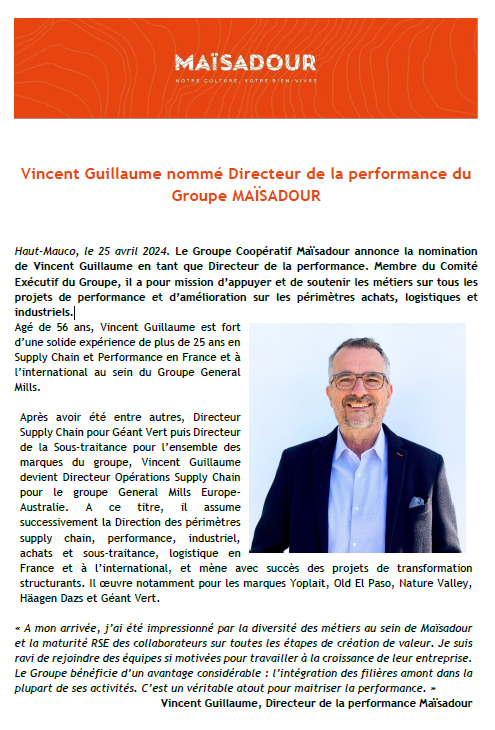 Vincent Guillaume nommé Directeur de la performance du Groupe MAÏSADOUR