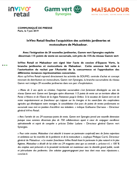 INVIVO RETAIL FINALISE L’ACQUISITION DES ACTIVITÉS JARDINERIES ET MOTOCULTURE DE MAÏSADOUR