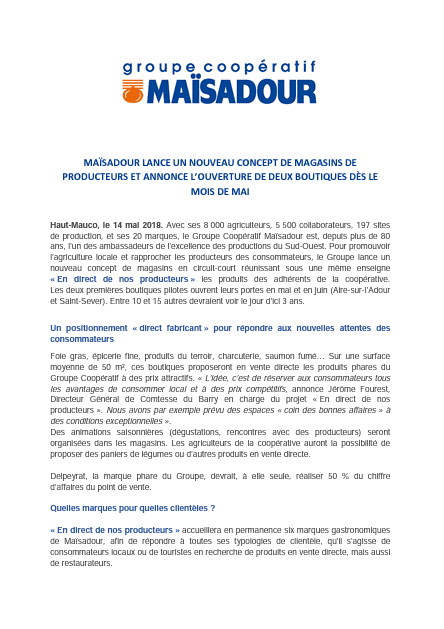 MAÏSADOUR LANCE  UN NOUVEAU CONCEPT  DE MAGASINS  DE PRODUCTEURS ET  ANNONCE L’OUVERTURE DE DEUX  BOUTIQUES  DÈS  LE MOIS DE  MAI