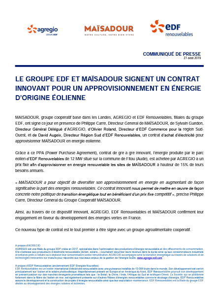 LE GROUPE EDF ET MAÏSADOUR SIGNENT UN CONTRAT INNOVANT POUR UN APPROVISIONNEMENT EN ÉNERGIE D’ORIGINE ÉOLIENNE