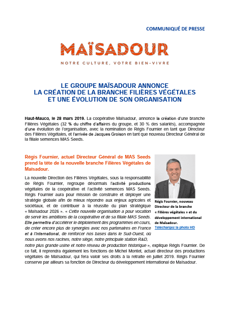 LE GROUPE MAÏSADOUR ANNONCE  LA CRÉATION DE LA BRANCHE FILIÈRES VÉGÉTALES  ET UNE ÉVOLUTION DE SON ORGANISATION