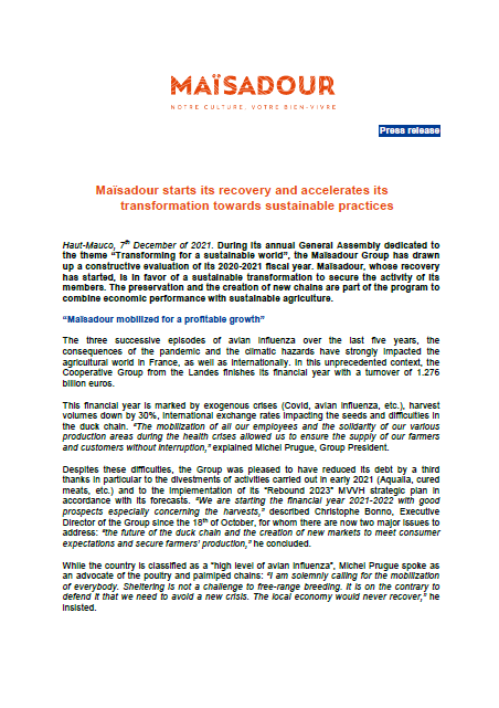 MAÏSADOUR STARTS ITS RECOVERY AND ACCELERATES ITS TRANSFORMATION TOWARDS SUSTAINABLE PRACTICES