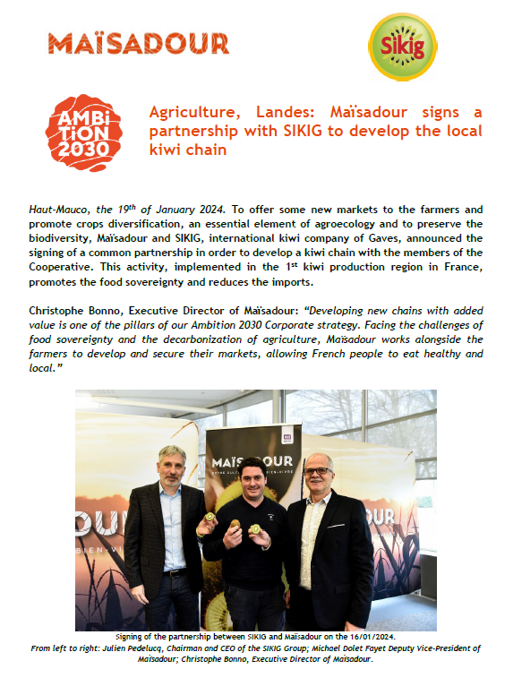 Agriculture, Landes: Maïsadour signs a partnership with SIKIG to develop the local kiwi chain