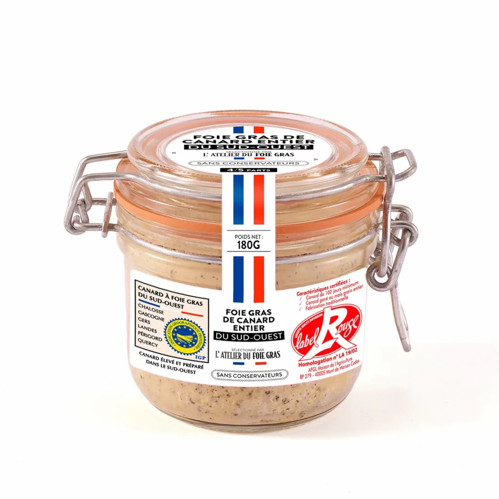 Foie gras de canard entier du Sud-Ouest Label Rouge Bocal 180g Atelier du Foie gras