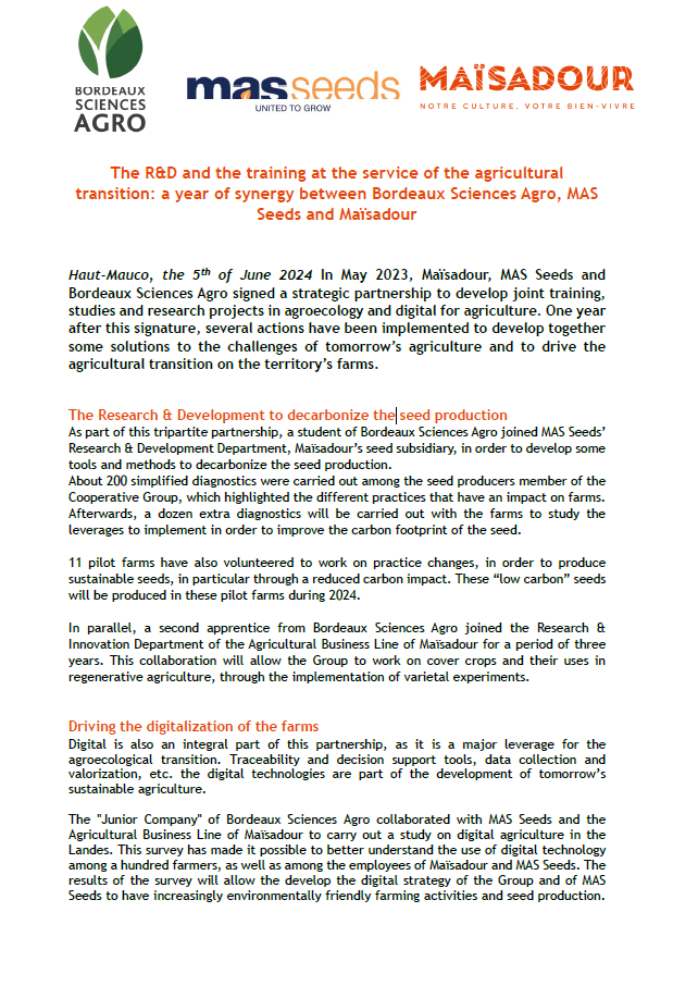 La R&D et la formation au service de la transition agricole : une année de synergie entre Bordeaux Sciences Agro, MAS Seeds et Maïsadour