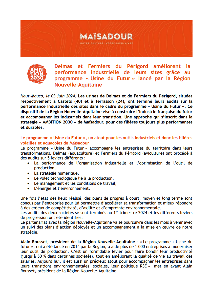 Delmas et Fermiers du Périgord améliorent la  performance industrielle de leurs sites grâce au  programme « Usine du Futur » lancé par la Région  Nouvelle-Aquitaine