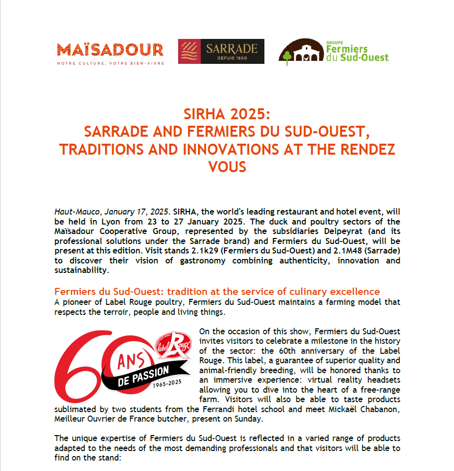SIRHA 2025: SARRADE AND FERMIERS DU SUD-OUEST, TRADITIONS AND INNOVATIONS AT THE RENDEZ VOUS
