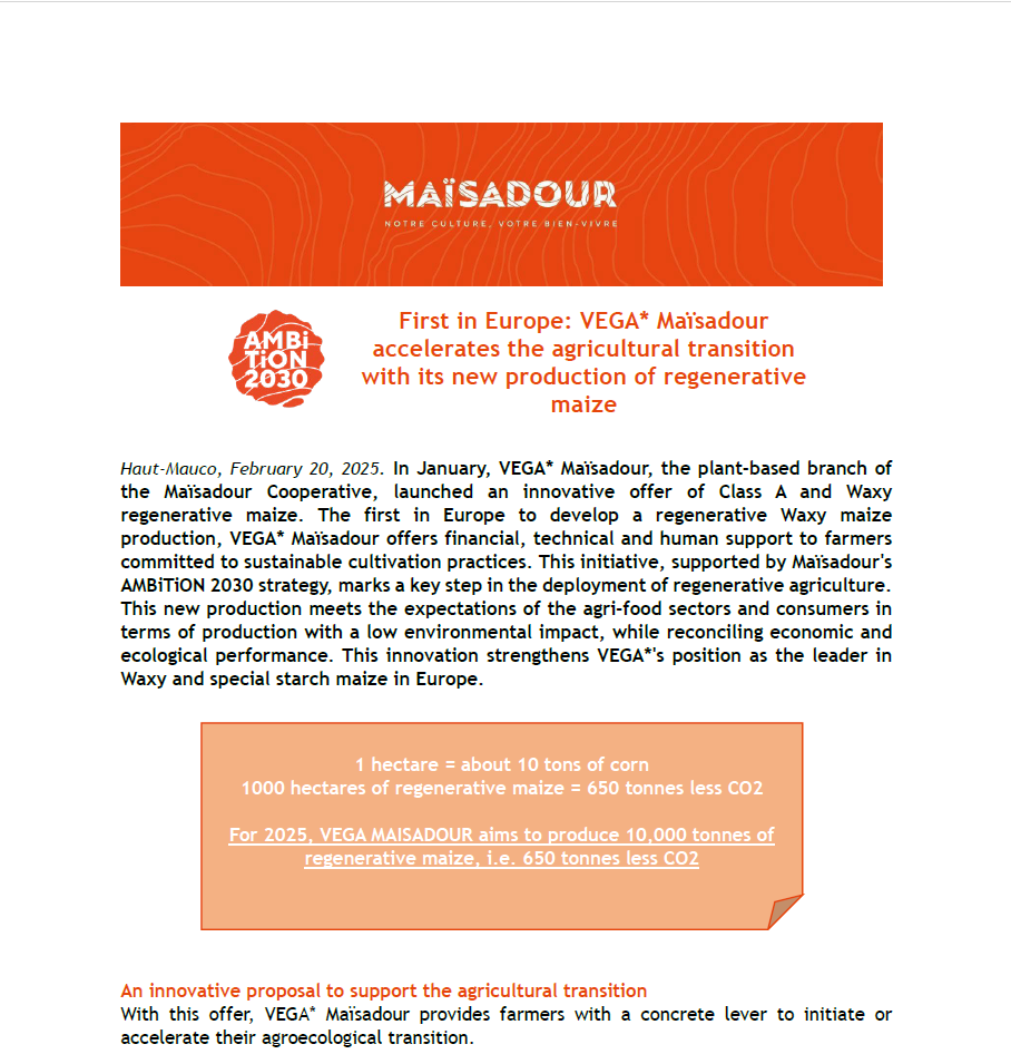 First in Europe: VEGA* Maïsadour accelerates the agricultural transition with its new production of regenerative maize