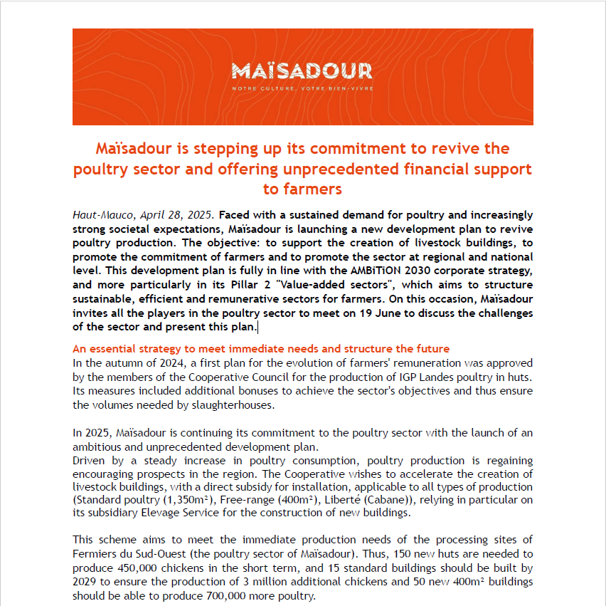Maïsadour is stepping up its commitment to revive the poultry sector and offering unprecedented financial support to farmers