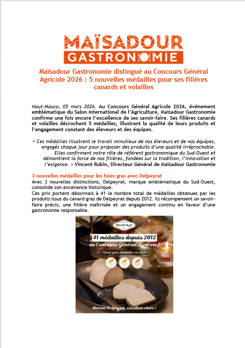 Maïsadour Gastronomie distinguished at the 2026 General Agricultural Competition: 5 new medals for its duck and poultry sectors